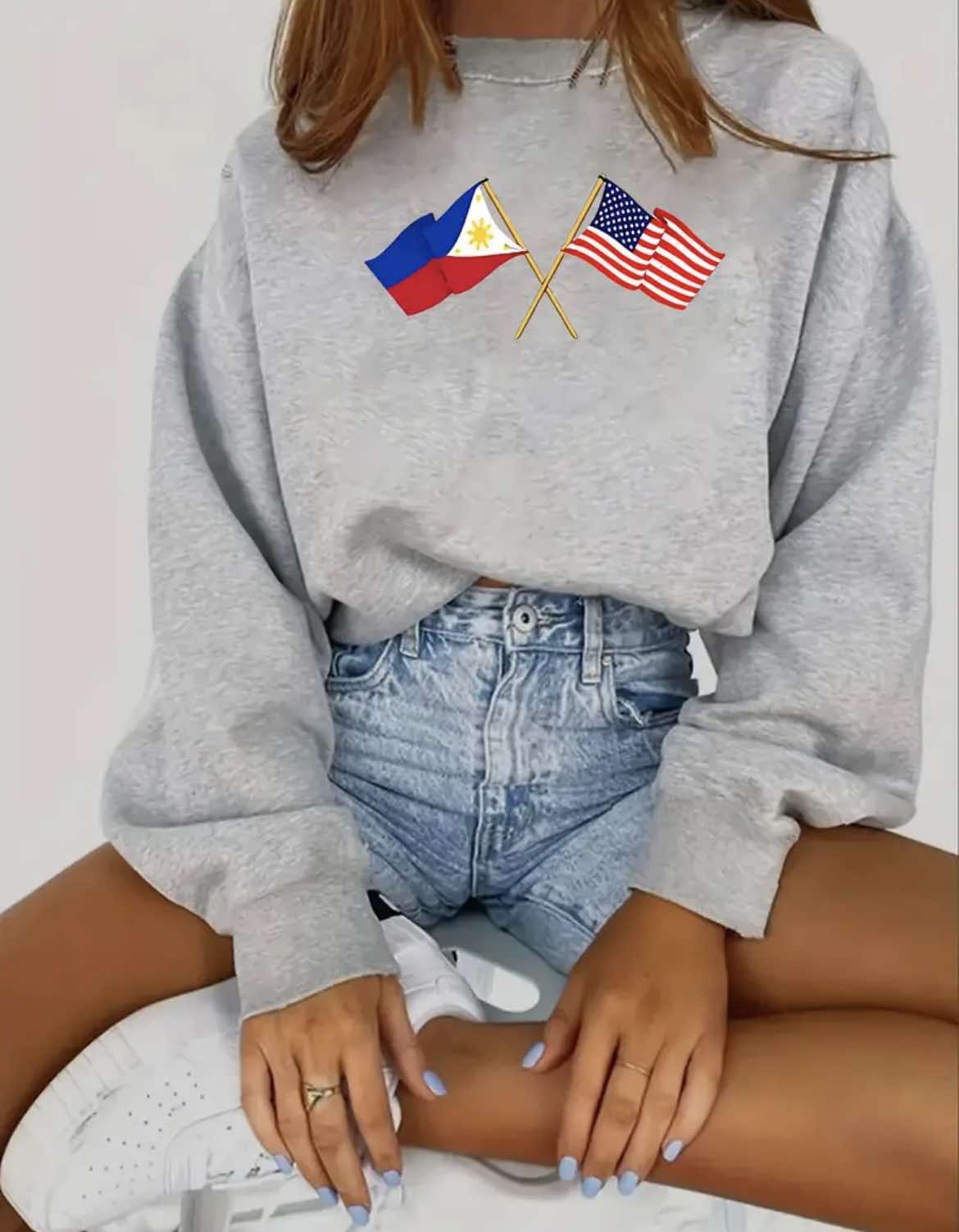 Philippines & USA Cross Emblem Crewneck Sweater Medium Light Grey Women NEW